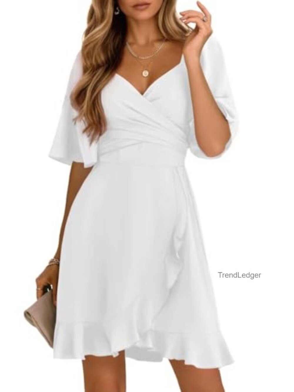 Dokotoo Wrap V Neck Short Flared Sleeve Smocked Tiered Belted Mini Dress
